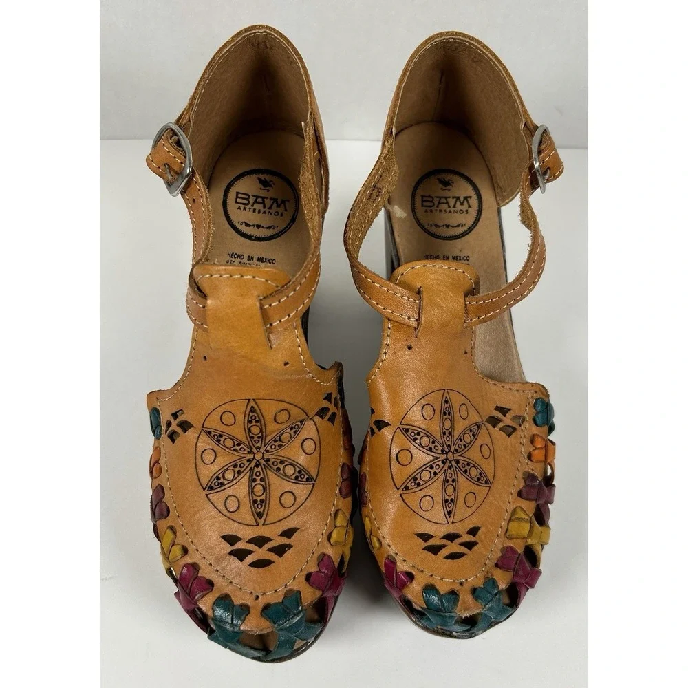 Mexican Leather Huarache Platform Chunky Heel Sandals Mexico 4 US 6-6.5 Colorful